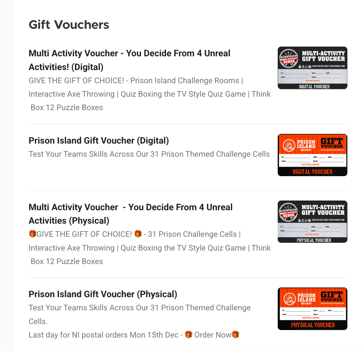 gift voucher options at prison island belfast