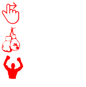3 icons representing different rules at Quiz boxing. The icons are a pointed finger, boxing gloves and fighter posing.